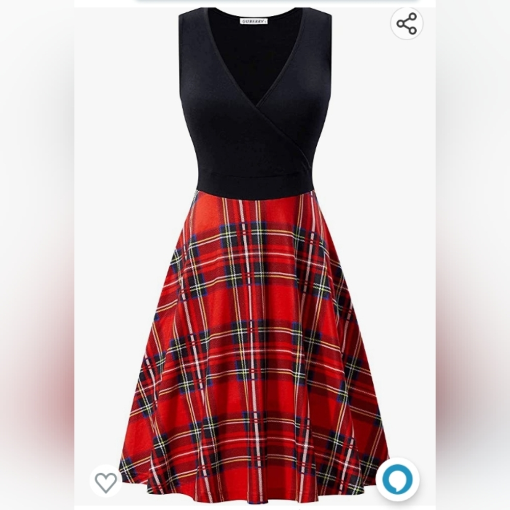 Guberry Women's Wrap V-Neck Midi Dress Sleeveless(black top, red plaid bottom S)